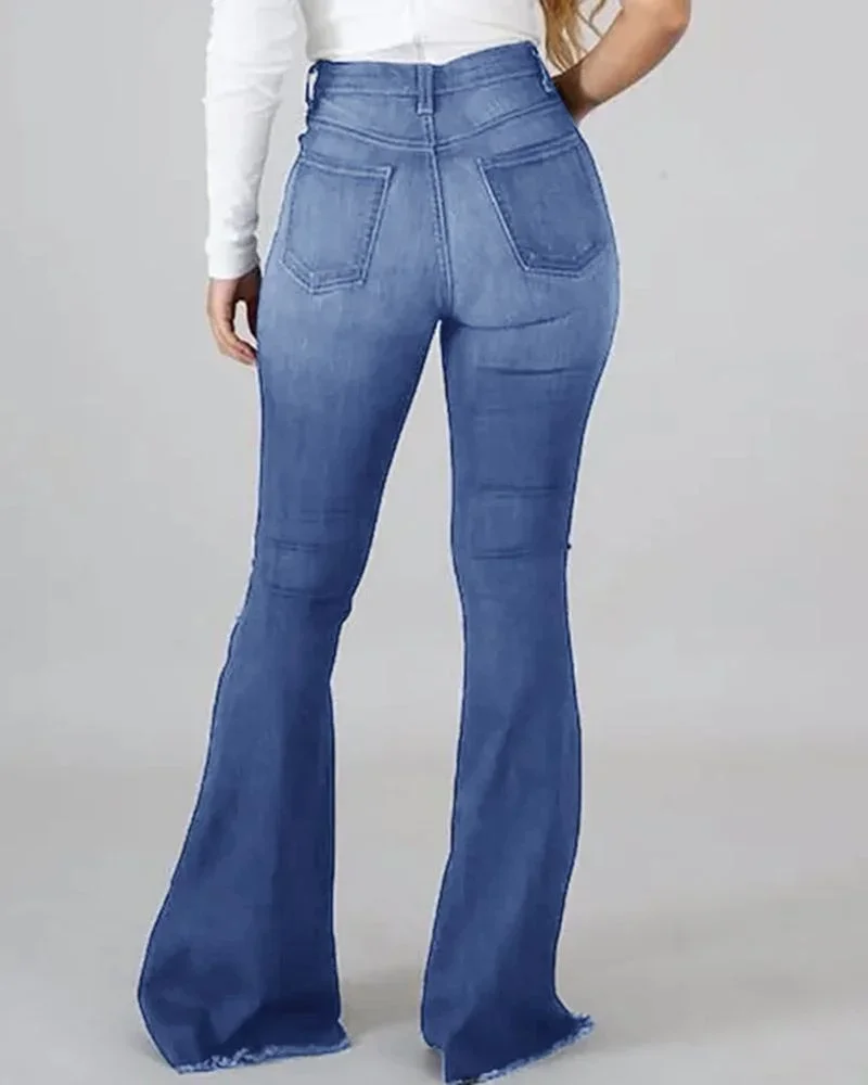 Women High Waist Flared Jeans Fashion Casual Broken Holes Streetwear Floor-length Trousers Female Commuter Wide Leg Denim Pants