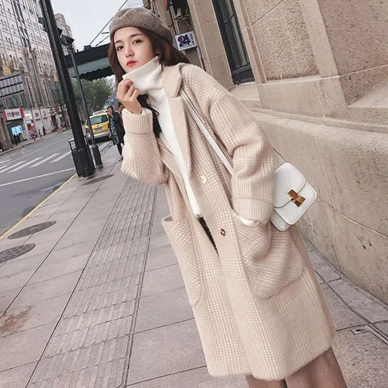 2024 Spring and Autumn Imitation Mink Velvet Coat Coat Female Mid-length Woolen Coat Loose Lazy Pupil Knit Cardigan Comfort