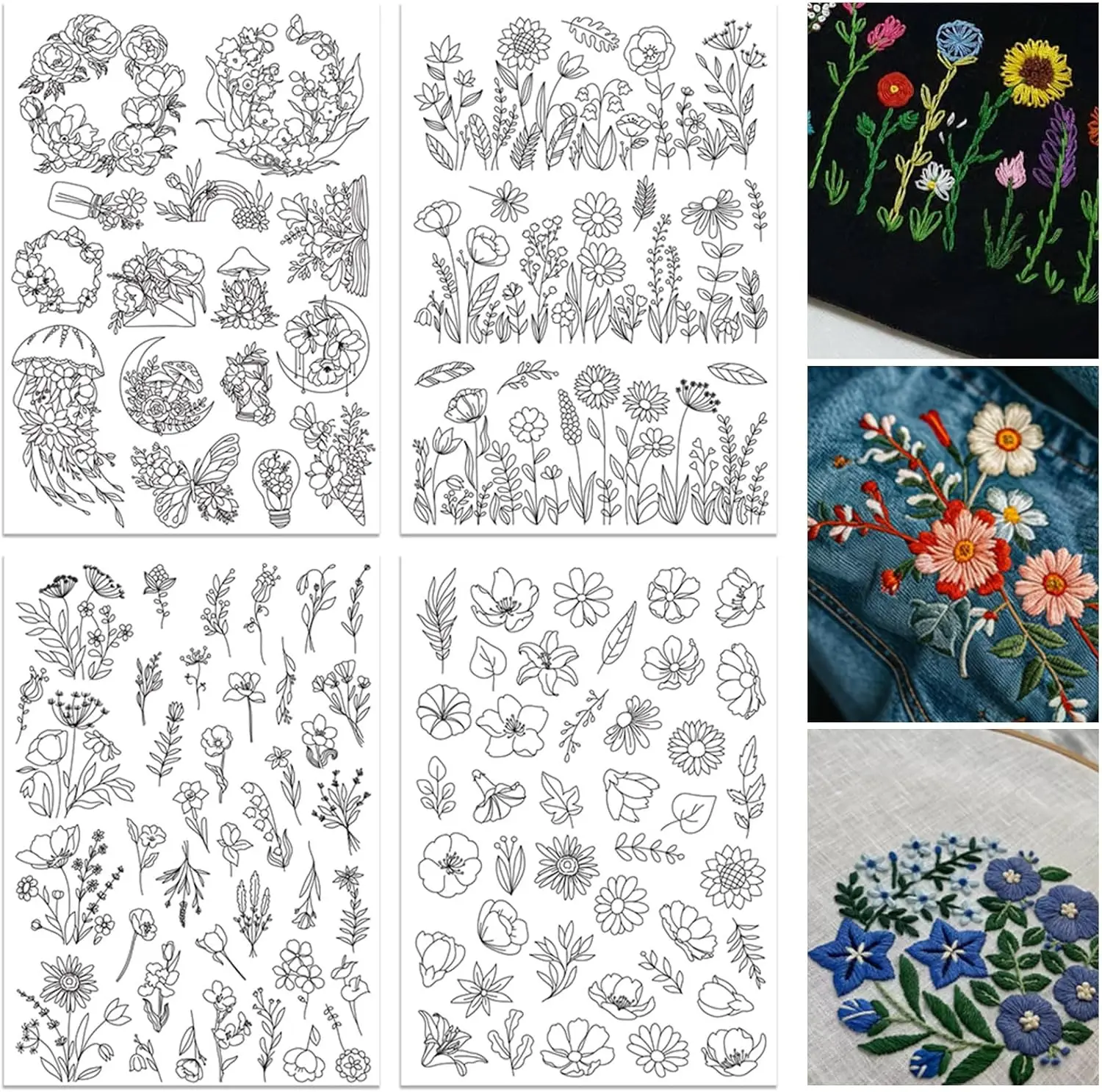 4 Sheets Water Soluble Embroidery Patterns Stabilizers Pre-Printed Floral Stick & Stitch Embroidery Paper for Hand Sewing Lovers