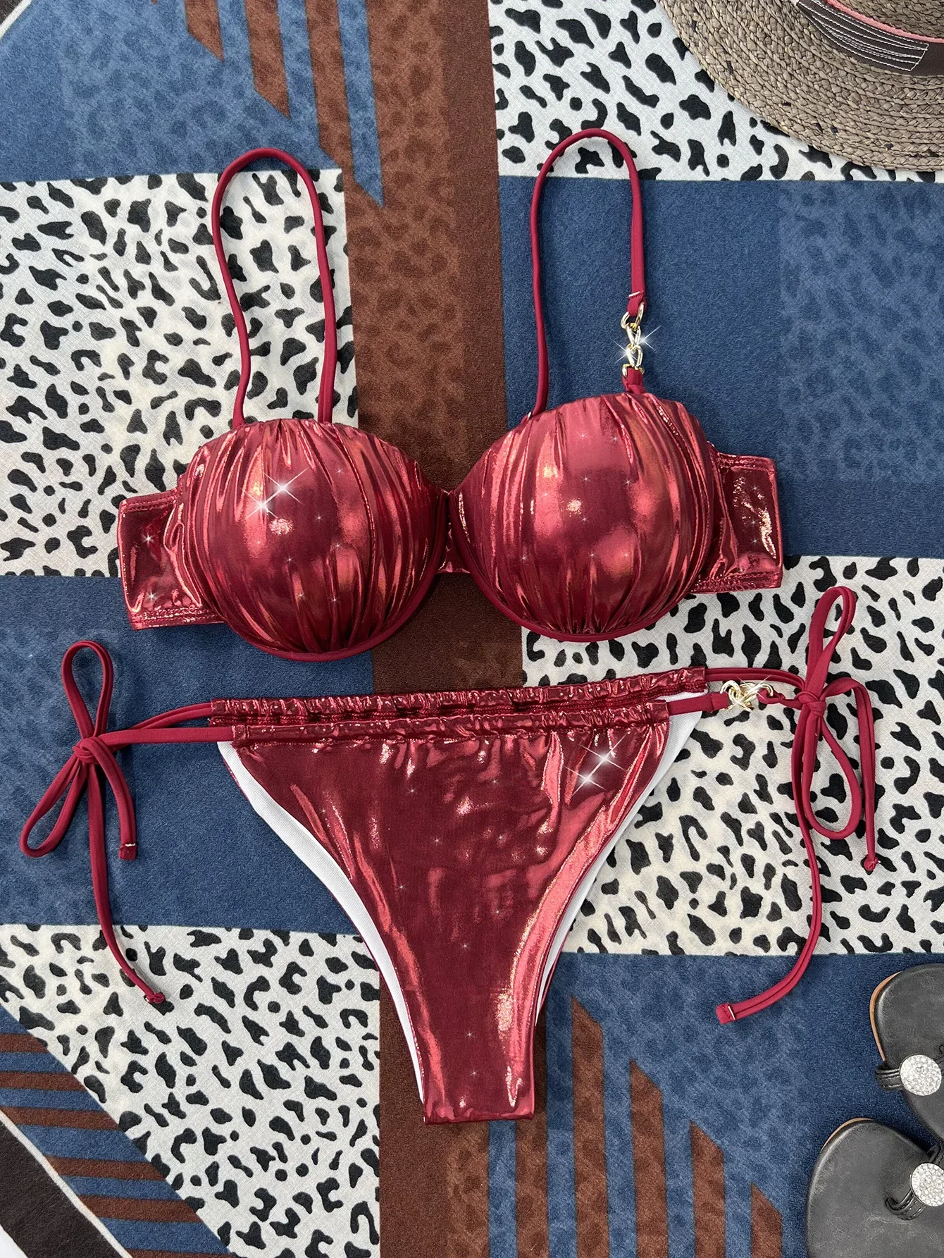 Wine Red Shiny Swimsuit 2025 Women 2-piece Glossy Bikini Sexy Pleated Thong Underwire Push Up Swimwear Suspender Bathing Suit