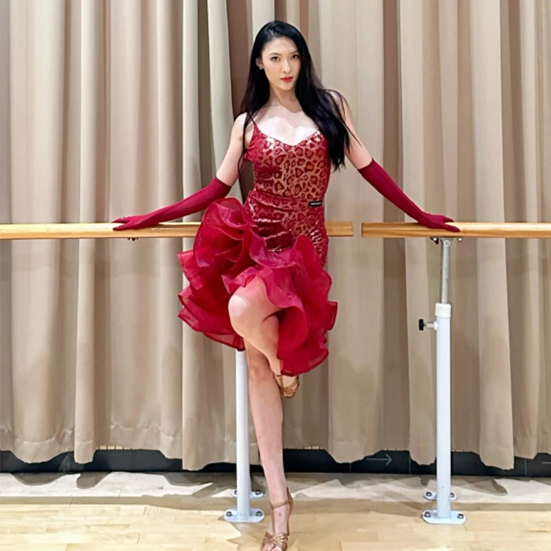 2025 vêtements de concours de danse latine femmes léopard robe en arête de poisson adulte Rumba Tango robe de danse Costume de Performance DNV24091
