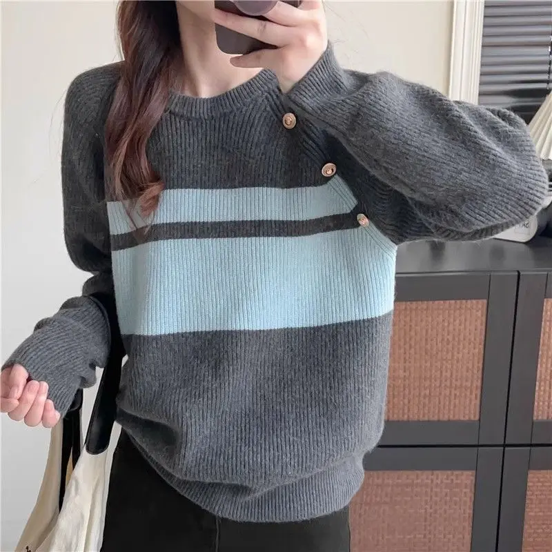 Autumn/winter Striped O-neck Comfortable High Quality Sweater Fashionable Casual Color Blocked Loose Knitted Popular Women's Top