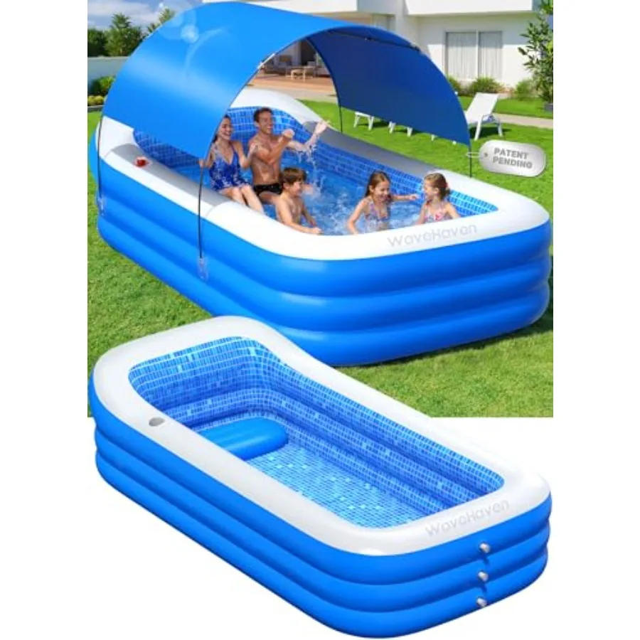 

Backyard inflatable pool for adults and kids, PVC blue pool with canopy shade, upgraded large blow-up design featuring seat and