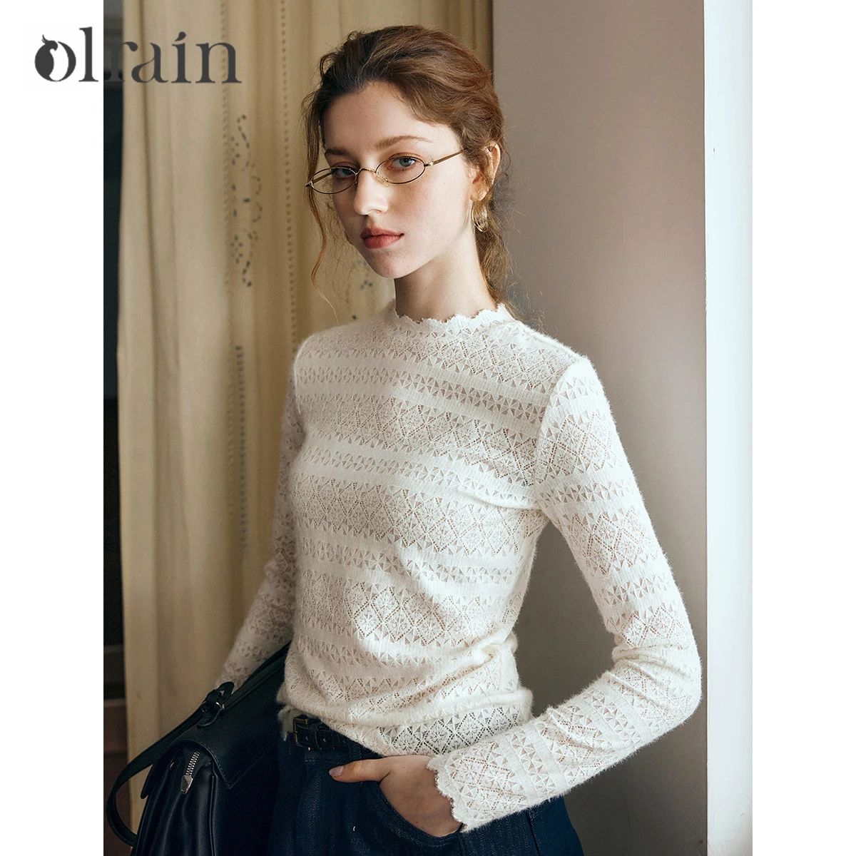 

OLrain Women's T-shirt 2025 Autumn French Lace O-Neck Hollow Out Blouse Slim Fit Long Sleeve Elegant Office Wear O57QX000509