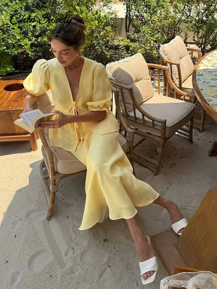 

Elegant Yellow Shirt Long Skirt Set Women Lace Up Puff Sleeve V-neck Ruffles Shirts A-line Skirts 2025 Summer 2 Pieces New Suit