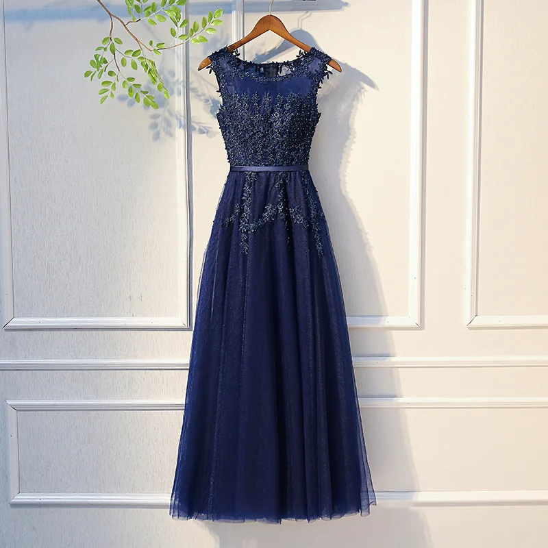 

2024 Sweet Memory Blue Evening Dress With Beads Tulle Floor Length O-Neck Sleeveless Formal Robe Prom Wedding Party Dresses