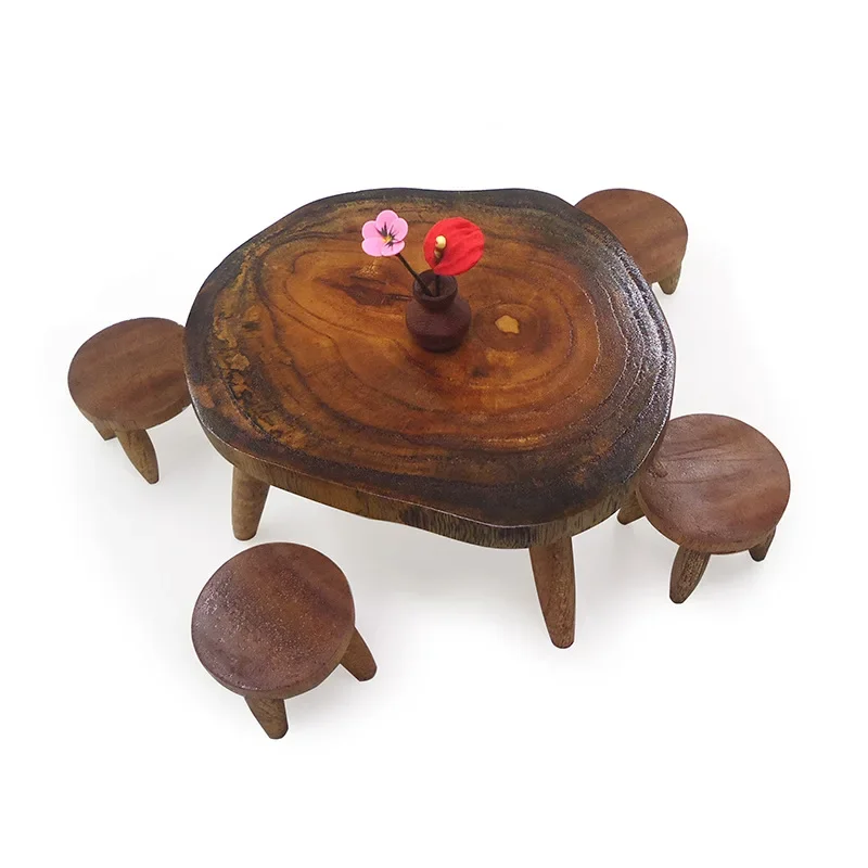 Miniature Dollhouse Wooden Furniture Miniatures Round Coffee Table Stool Teatable Miniatures Pretend Toys Garden/Room Decor