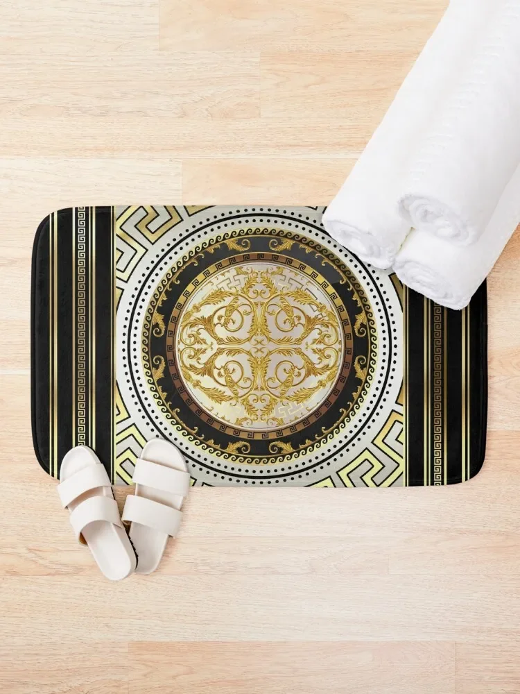 Greek Key Cream Gold Black Floral Medallion Bath Mat Floors Bathroom Shower Bathroom Floor Mat