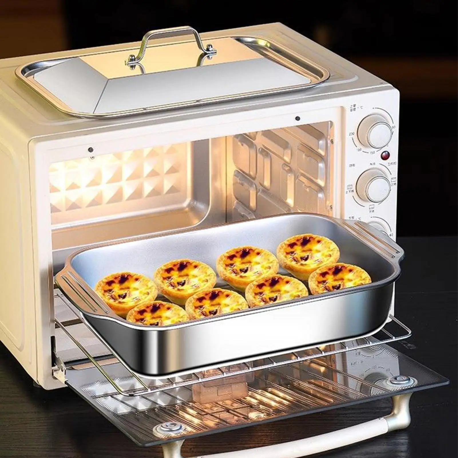 مقلاة خبز من الفولاذ المقاوم للصدأ مع مقبض غطاء صينية فرن مستطيلة طبق خبز لكعكة الخبز Lasagna Gratin المطبخ حفلة المنزل