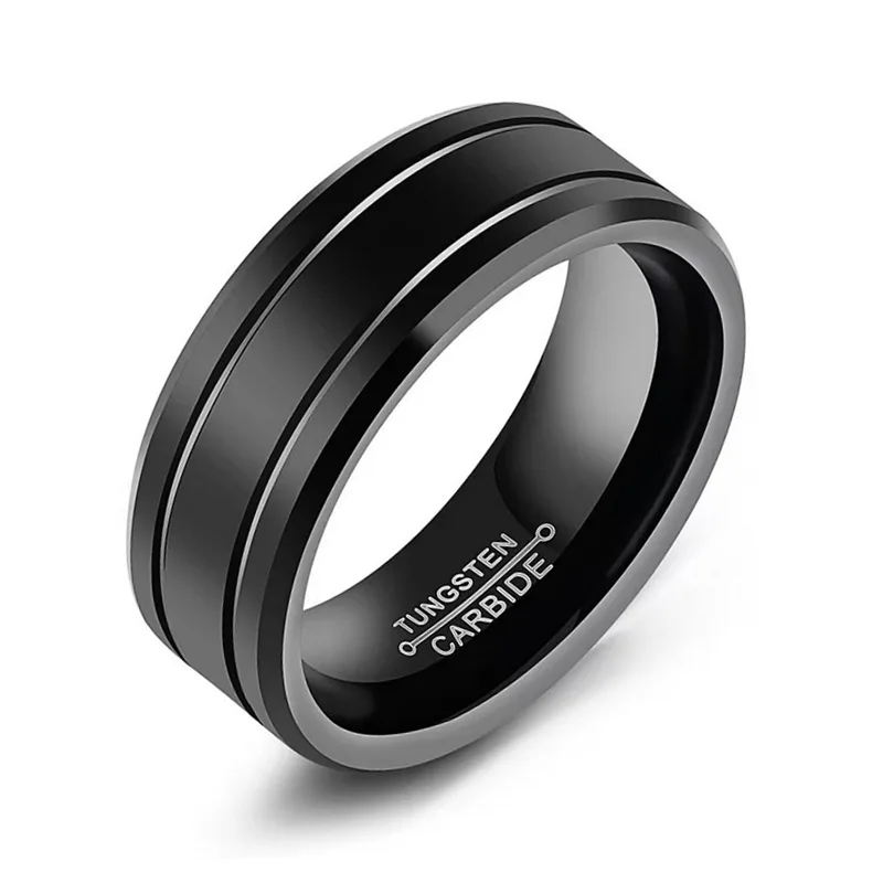 New Men\'s 8mm Tungsten Carbide Ring Black Stainless Steel Ring Beveled Edge Wedding Band Size 6-13 Comfort Fit hot sell