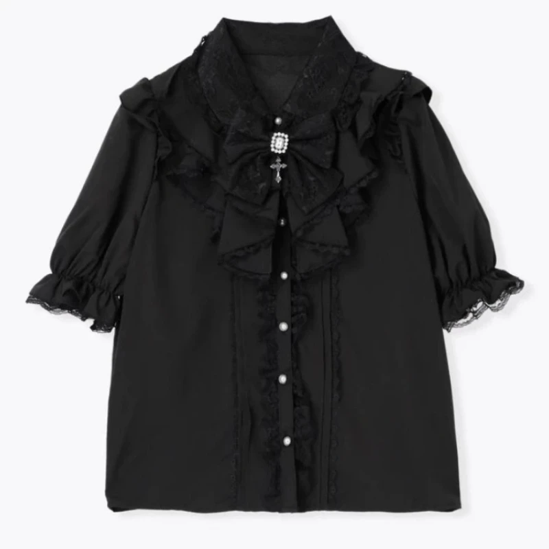 Nowa kolekcja damska bluzka/top w stylu japońskim, słodka, koronkowa, urocza, z rozcięciem, kokardką i krótkim rękawem.