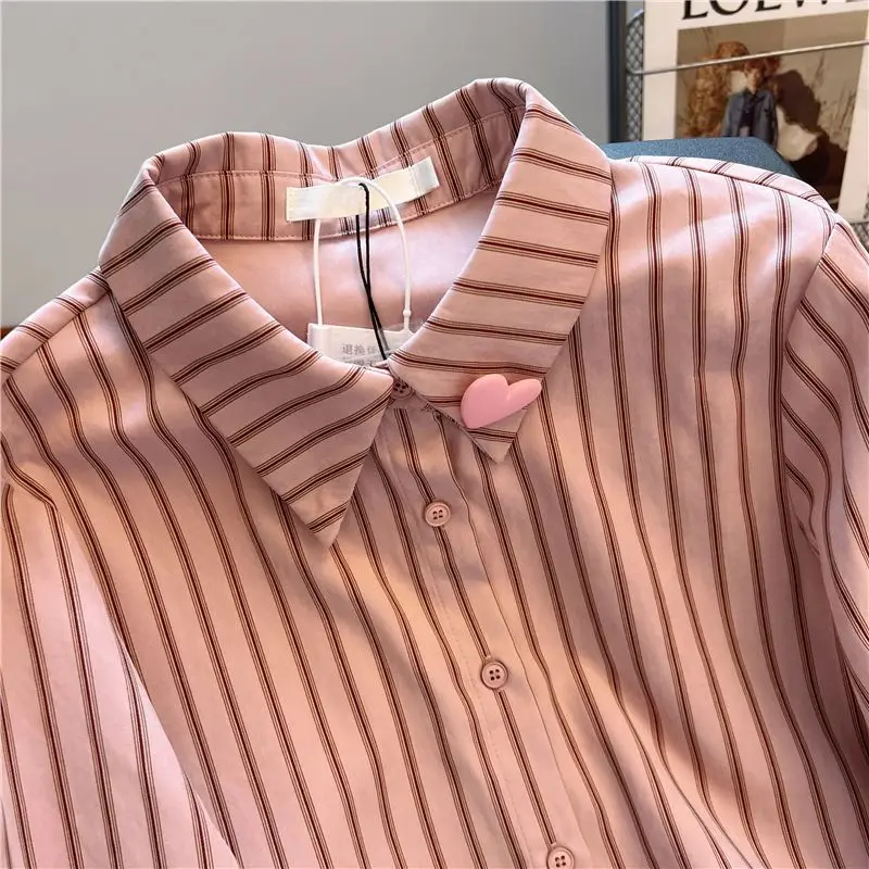 Female Casual Striped Turn-down Collar Long Sleeve Buttons Blouse Autumn Preppy Style Loose Shirts Women Clothing All-match Tops