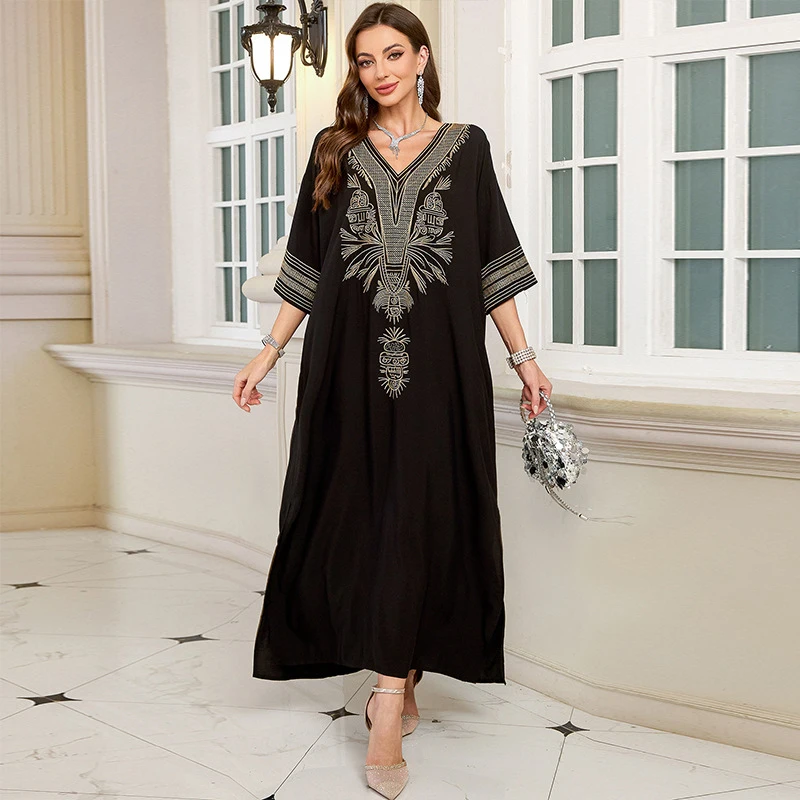 Women's Summer Beach Dress with Embroidery Sun Protection Loose Plus Size Maxi Dress Bikini Cover Up Vacation Long Skirt
