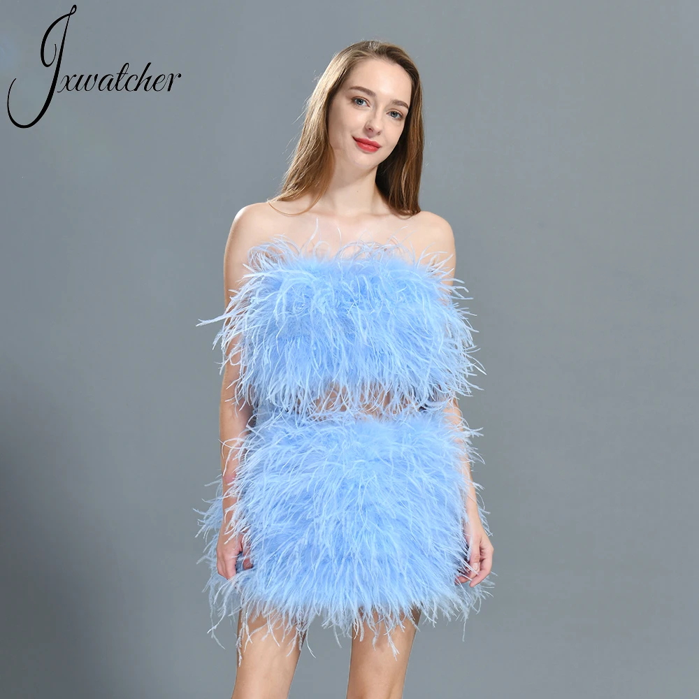 

Jxwatcher Natural Ostrich Feather Top And Skirt Set For Women Summer Real Fur Sexy Bodycon Wrap Two Piece Set 2022 New Arrival