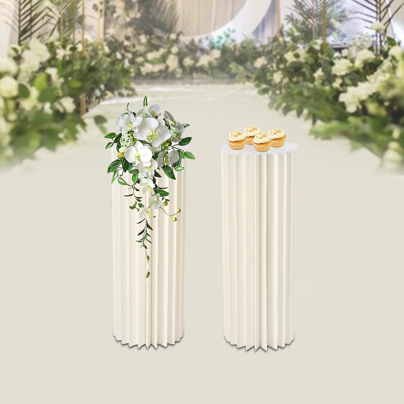 

2Pcs Foldable Paper Columns Display Pedestals Cream White Wedding Centerpieces Display Cylinder Flower Stand Paper Roman Pillar