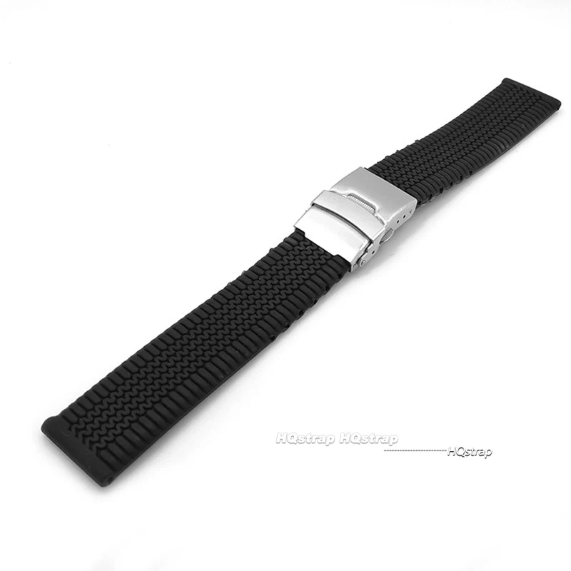 20 22 24mm Soft Silicone Black Strap Tire Pattern Bracelet Waterproof Sport Rubber Watch Band Universal Metal Fold Buckle Band