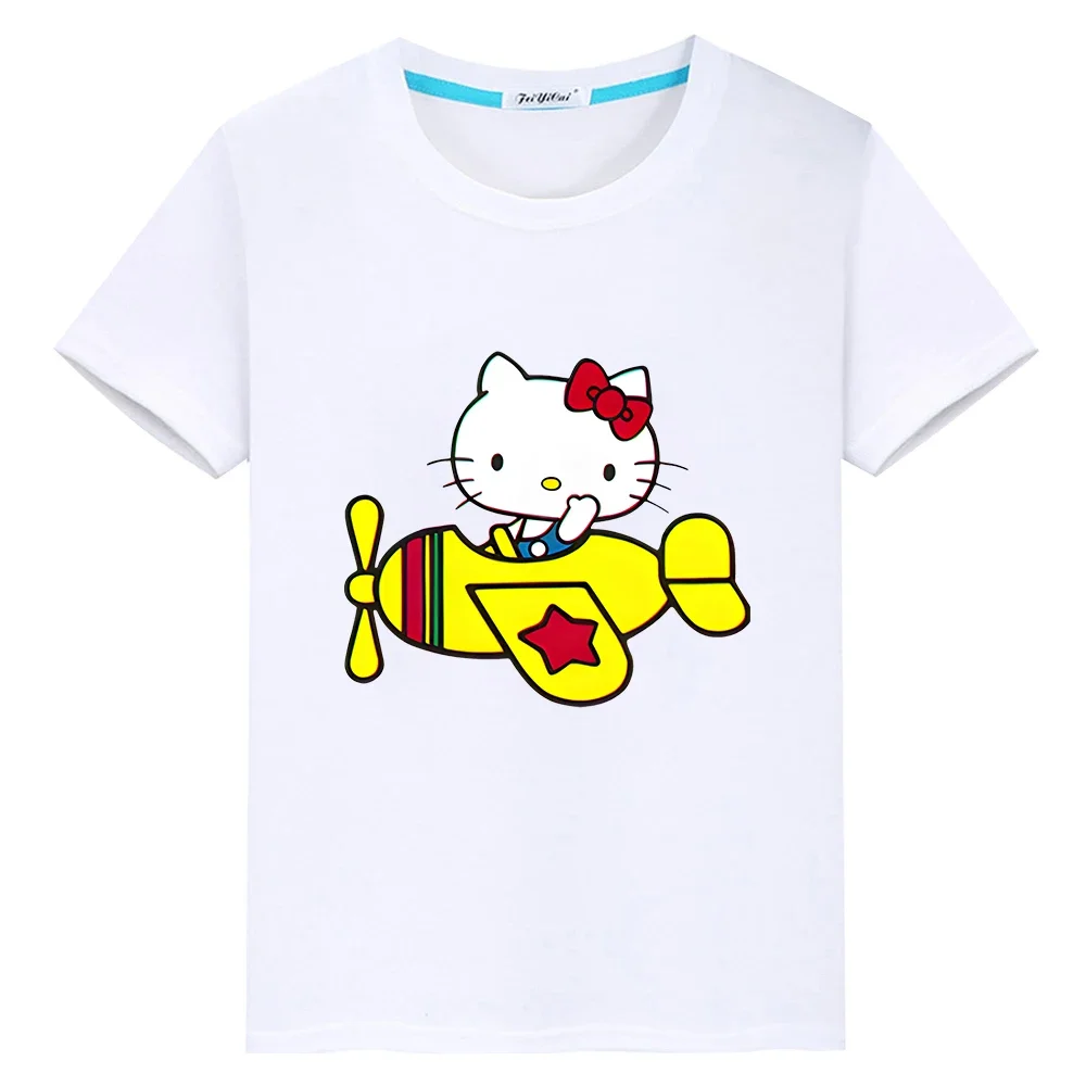 hello kitty Summer Print T-shirt 100%Cotton Cartoon Short Anime Tees Cute Tops y2k clothes one piece boys girl clothes kids gift