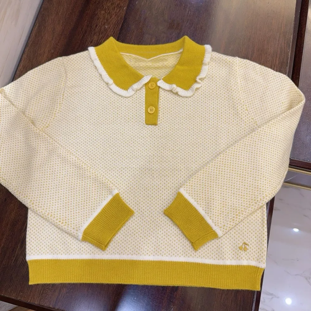 ملابس أطفال بناتي سترة أطفال سترة محبوكة للفتيات الجميلات مع ياقة صفراء بلوفر مريح ودافئ