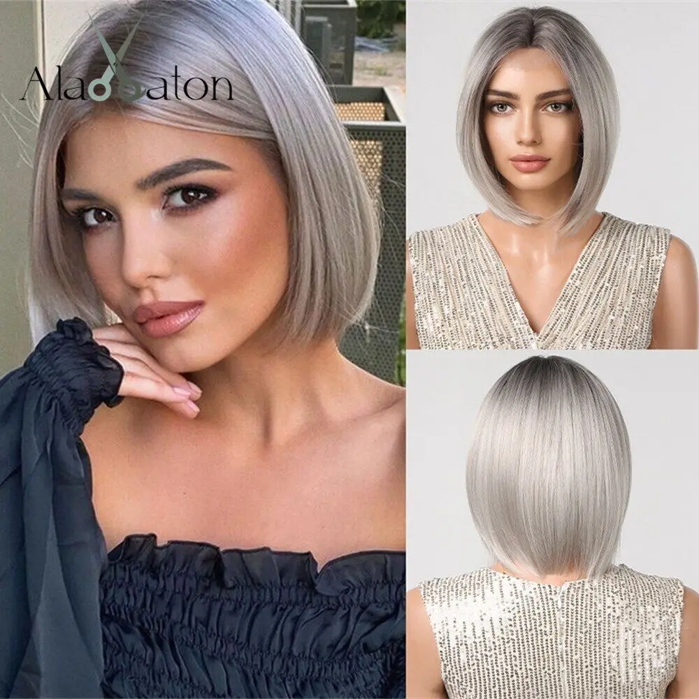 

ALAN EATON Lace Gray Ombre Sliver Straight Wigs Short Bob Heat Women Wigs