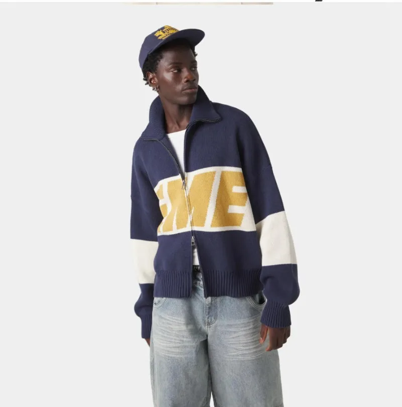 

New American Retro Letter Embroidery Casual Warm Cardigan Women Trendy Streetwear Zipper High Street Harajuku Loose Sweater Men