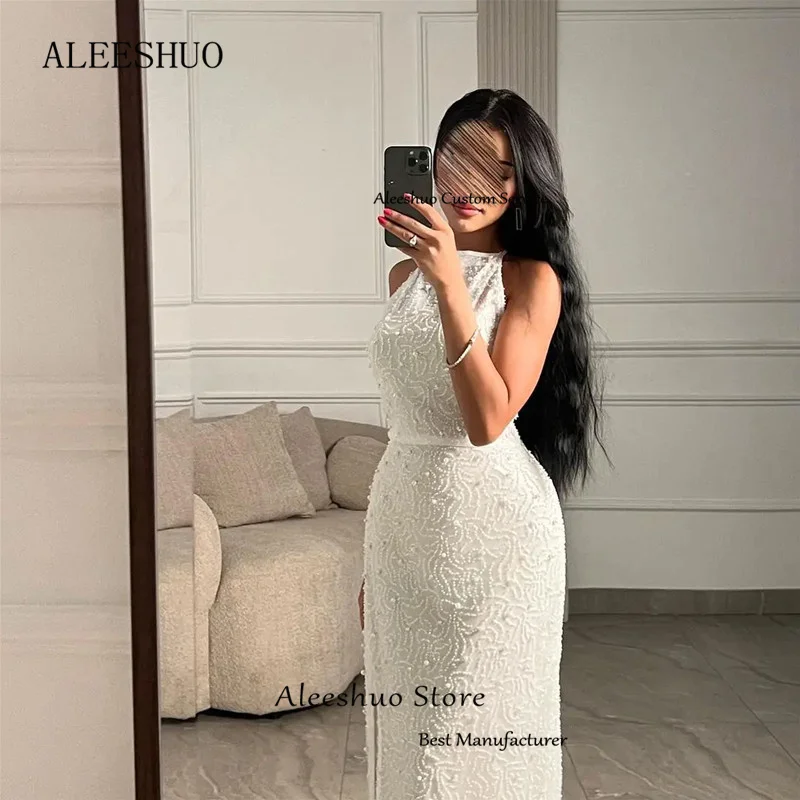 Aleeshuo-Vestido de noche largo con abertura lateral para mujer, traje Sexy de sirena con cuentas de cristal, plisado, Halter, sin mangas, para fiesta