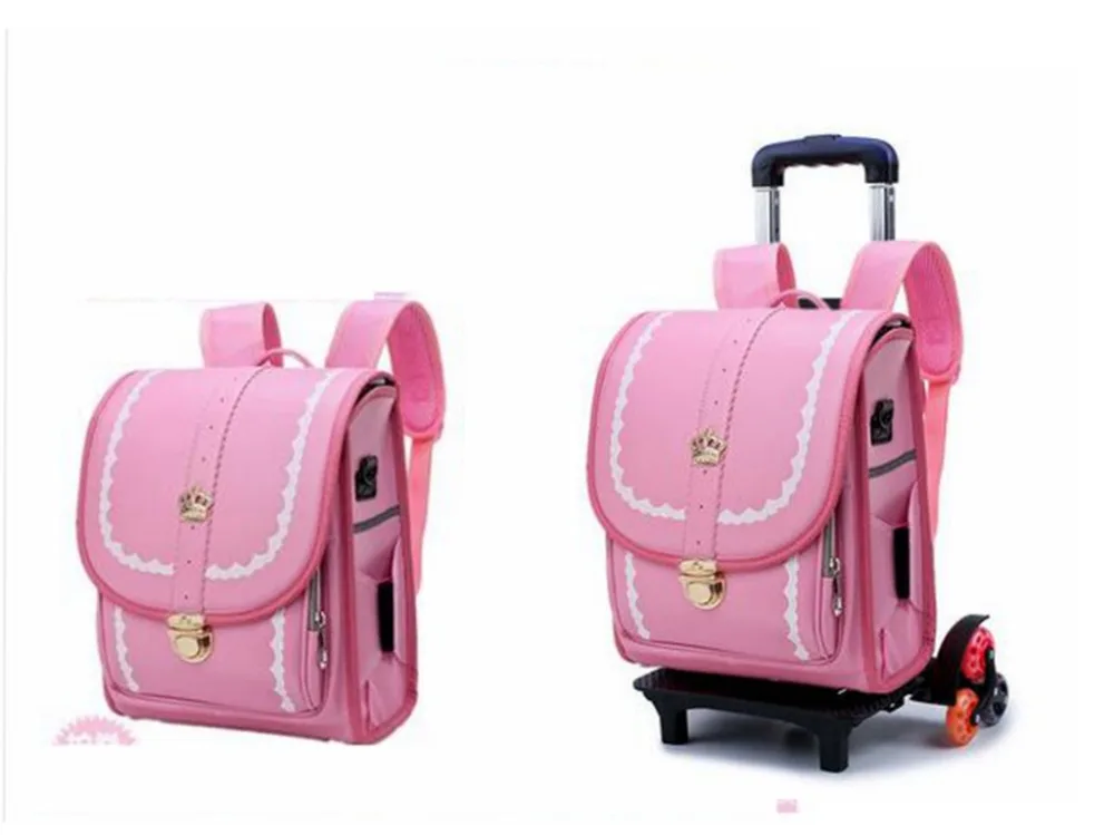 Japanese Style PU Orth opedic Wheeled Trolley School Backpack for Kids Spine Protection Rolling School Bag