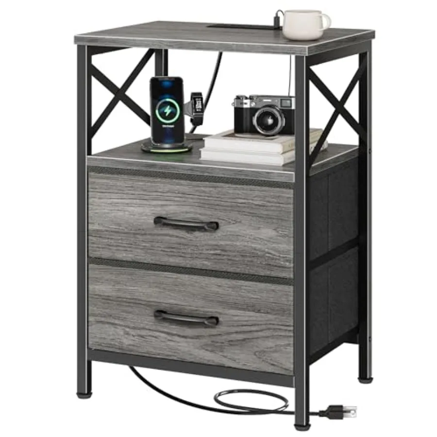

Night Stand with Charger Station 2 Drawer Nightstand with Open Shelf Bed Side Table with USB-C Port End Table Compact Size for