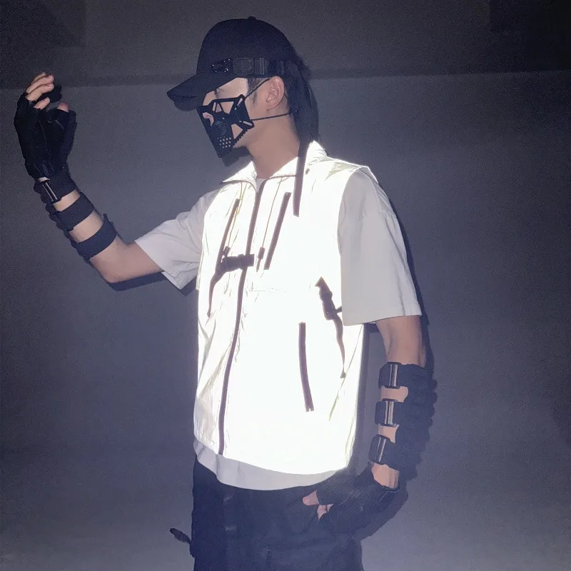 전술 반사 조끼 유틸리티 하네스 후드 아웃도어 워킹 조끼 테크웨어 스포츠 사이클링 레이어링 기어 가시성 슬리브리스