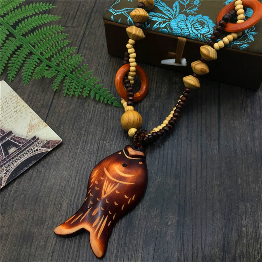 Boho Ethnic Style Long Hand Made Bead Wood Elephant Pendant Necklace Sweater Chain for Women Fashion Neck Jewelry Party Gifts