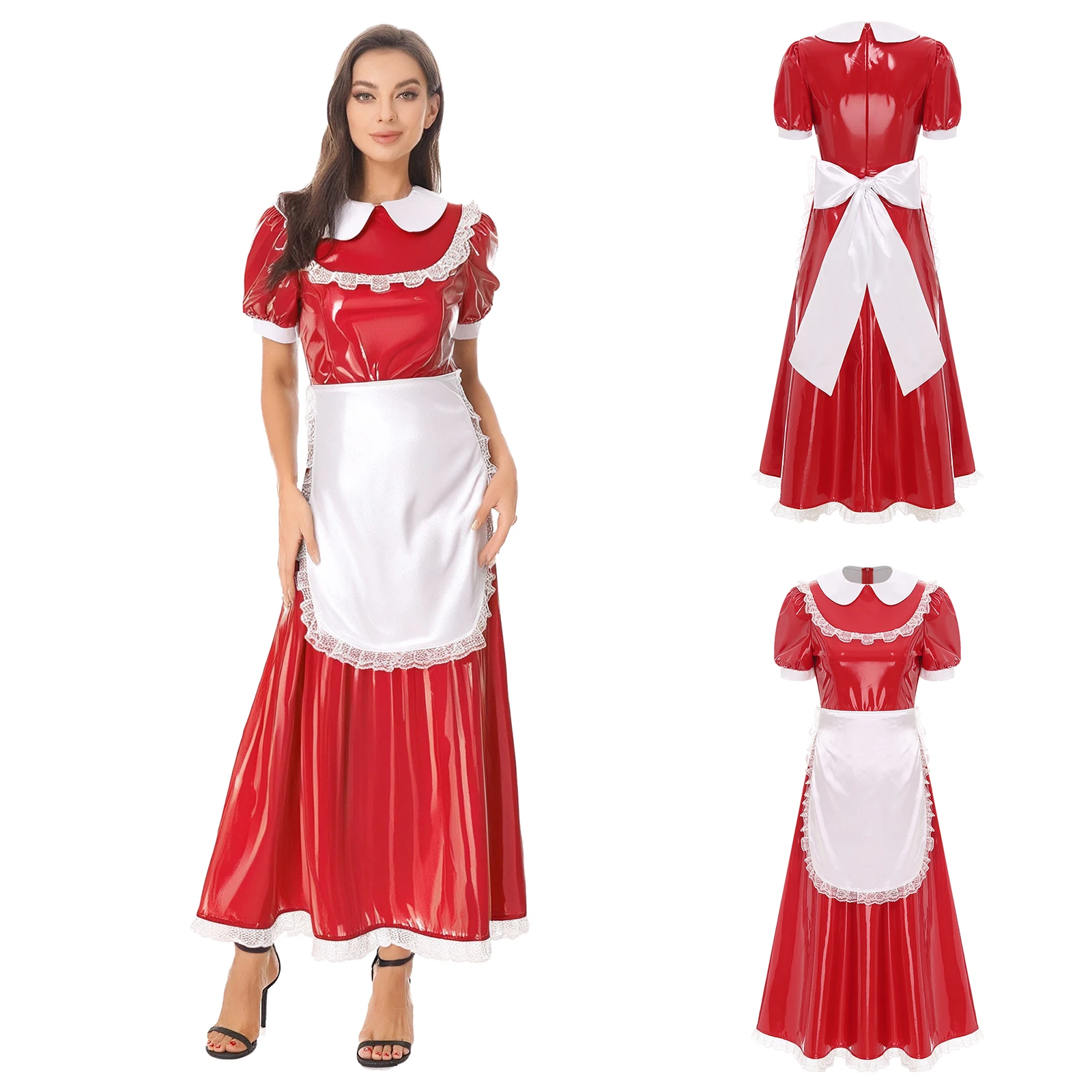 

Women's Wet Look PU Leather Maxi Dress for Halloween Party Carnival Maid Role Play Uniforms Elegant Sweet Shiny Maid Dresses