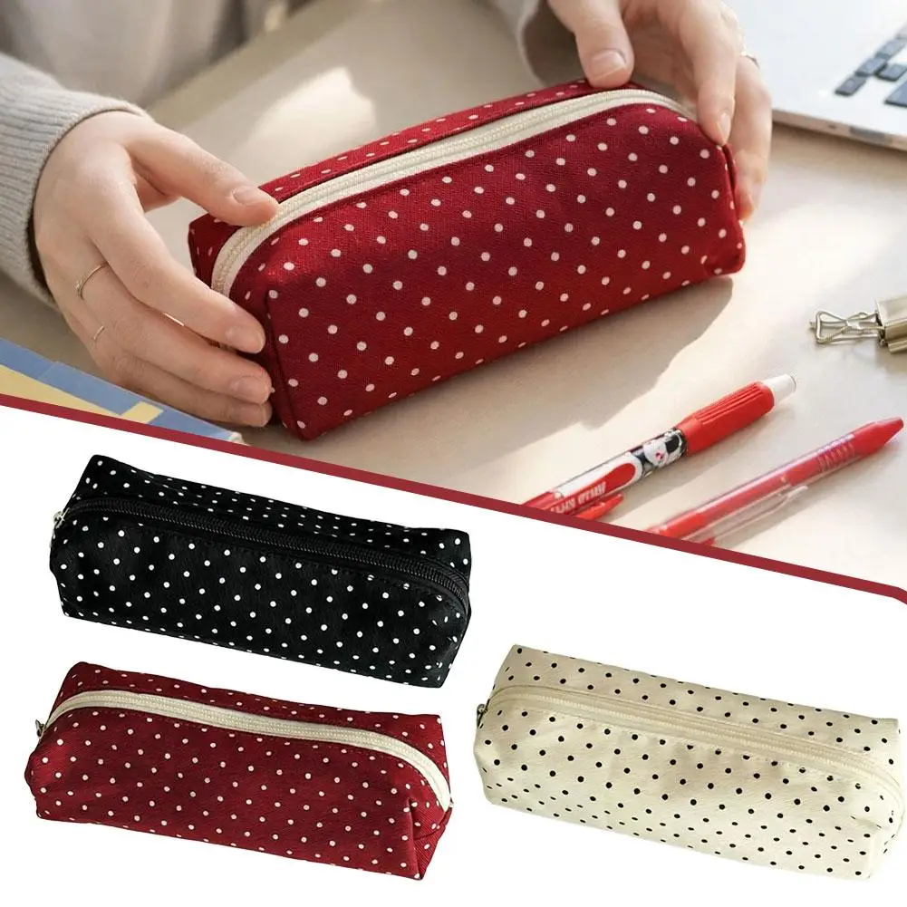 Retro Polka Dot Canvas Pencil Case 17x5x6cm Compact Zippered Pen Pouch Cosmetic Brush Makeup Bag Cable Organizer Storage Bag