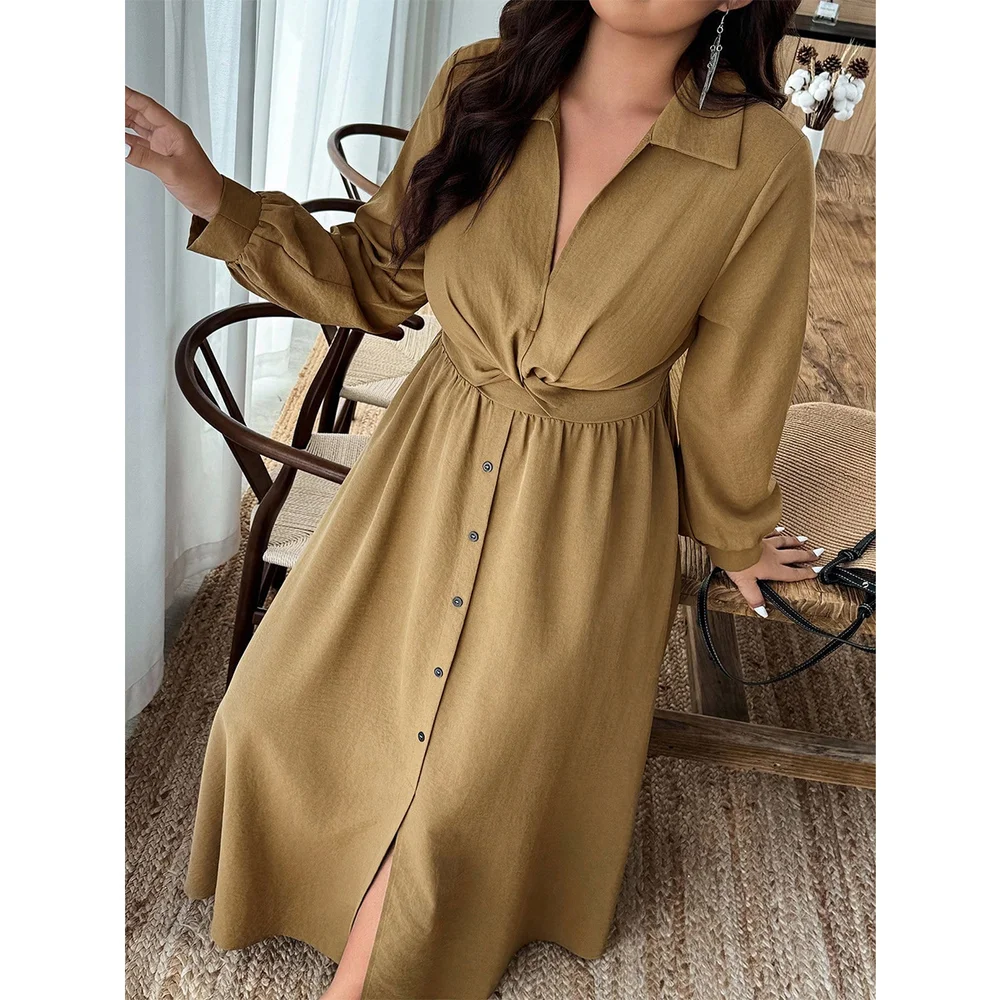 European American Style Women V-neck Twist Knot Dress, Textured Lantern Sleeve High Waist Swing Long Casual Dresses