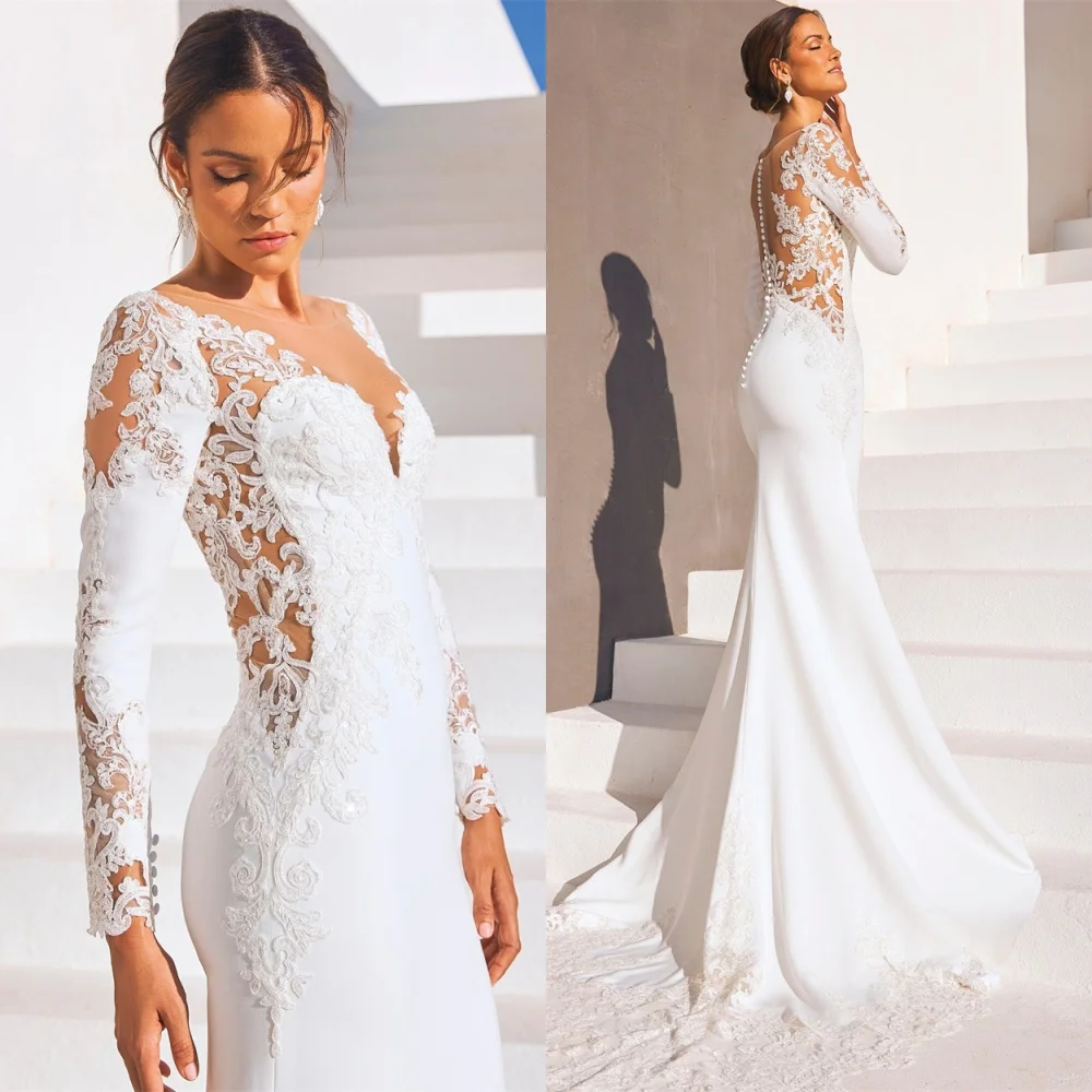 Abito da sposa in jersey bianco puro personalizzato Delicato scollo a V maniche lunghe Robe de mariée Bottoni classici sul retro Vestido De Novia