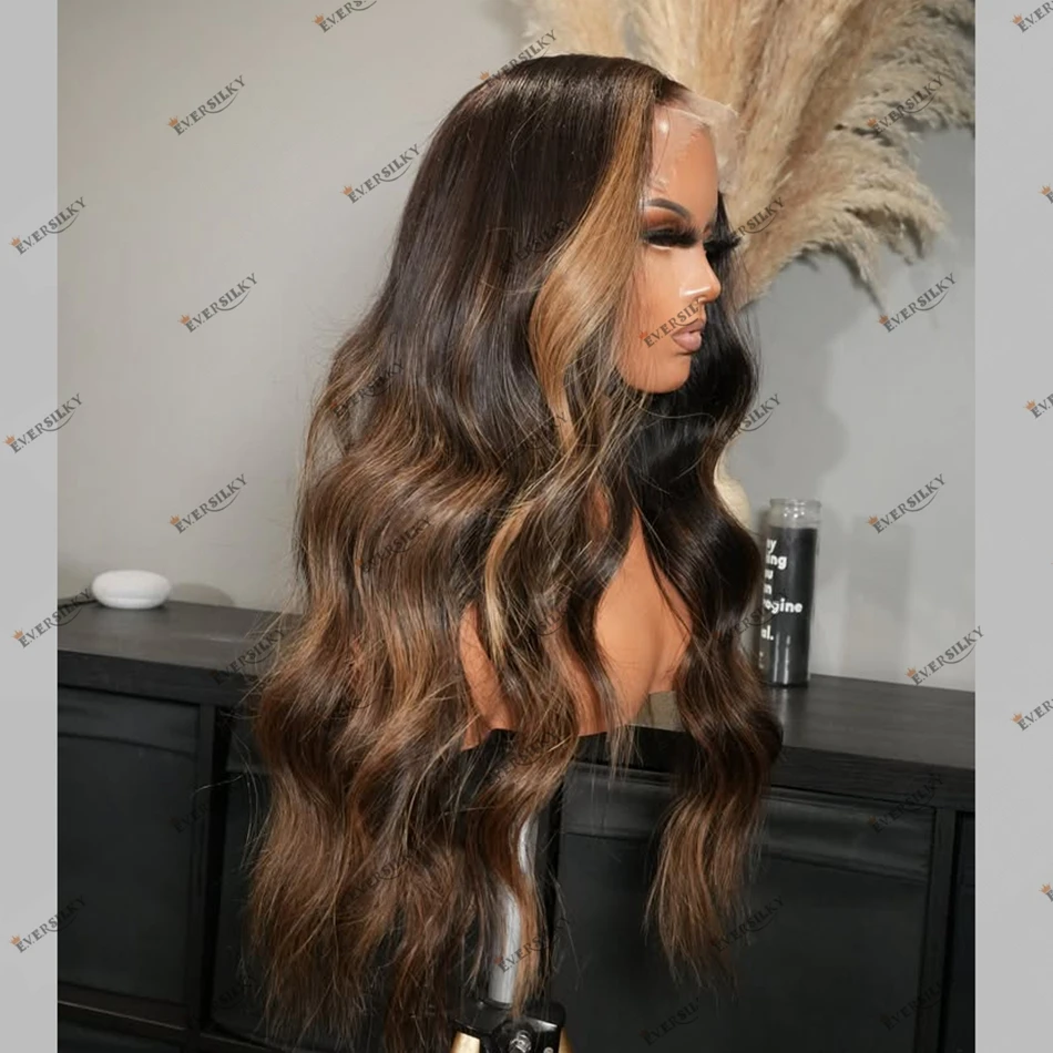 Highlight Brown Full Lace Human Hair Black Women Wigs 180Density Remy Peruvian Hair 5x5 HD Lace Wigs Side Part Blonde Wavy Wig