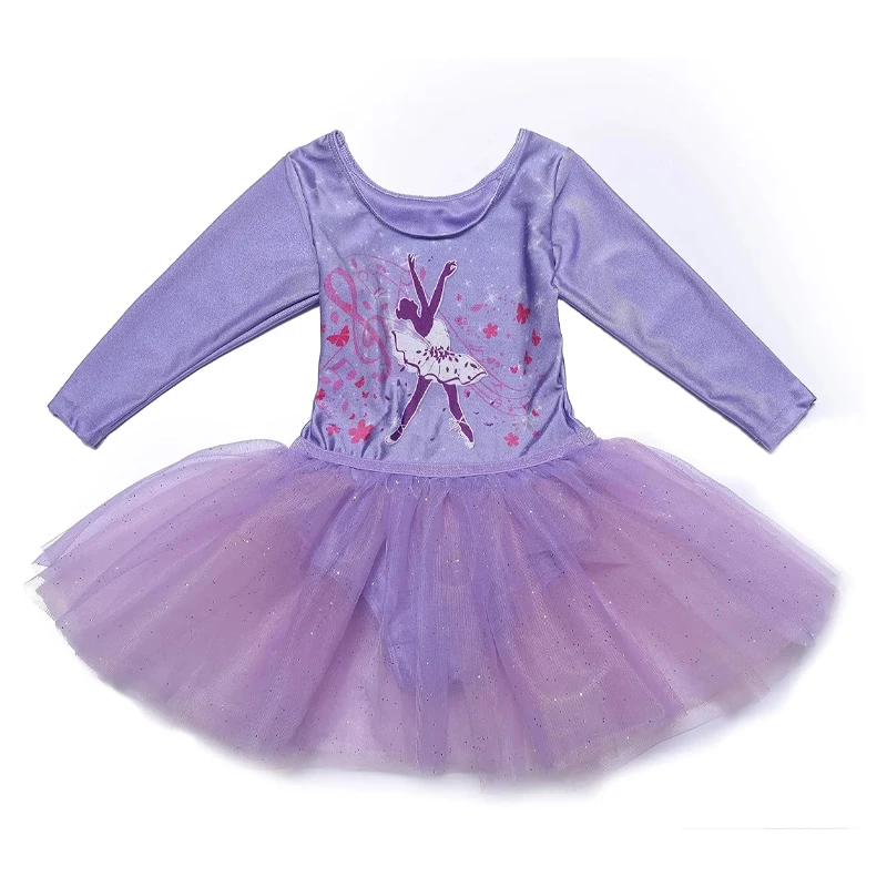 Collant de balé de manga comprida para meninas, saia tutu brilhante com cintura elástica e vestido de lantejoulas brilhantes sem números