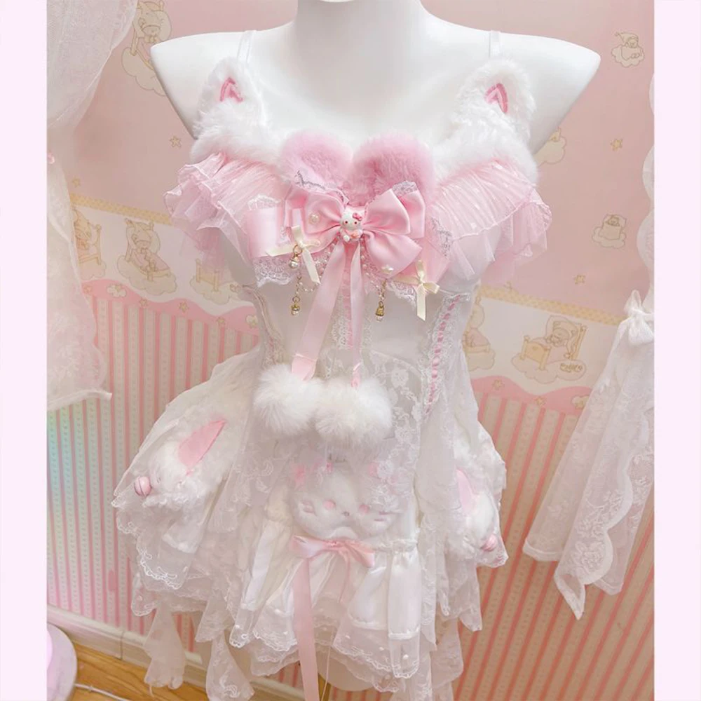 Kawaii Hello Kitty Cat Ear Lace Dress for Women Y2K Sweet Lolita Ruffle Fur Edging Cami Dress Cute Role Playing Costume Party