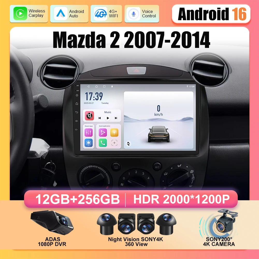 

Android 16 for Mazda 2 2007-2014 Multimedia Video Player 4G WIFI GPS Navigation Wireless Carplay DVD Head Unit 2 Din Car Radio