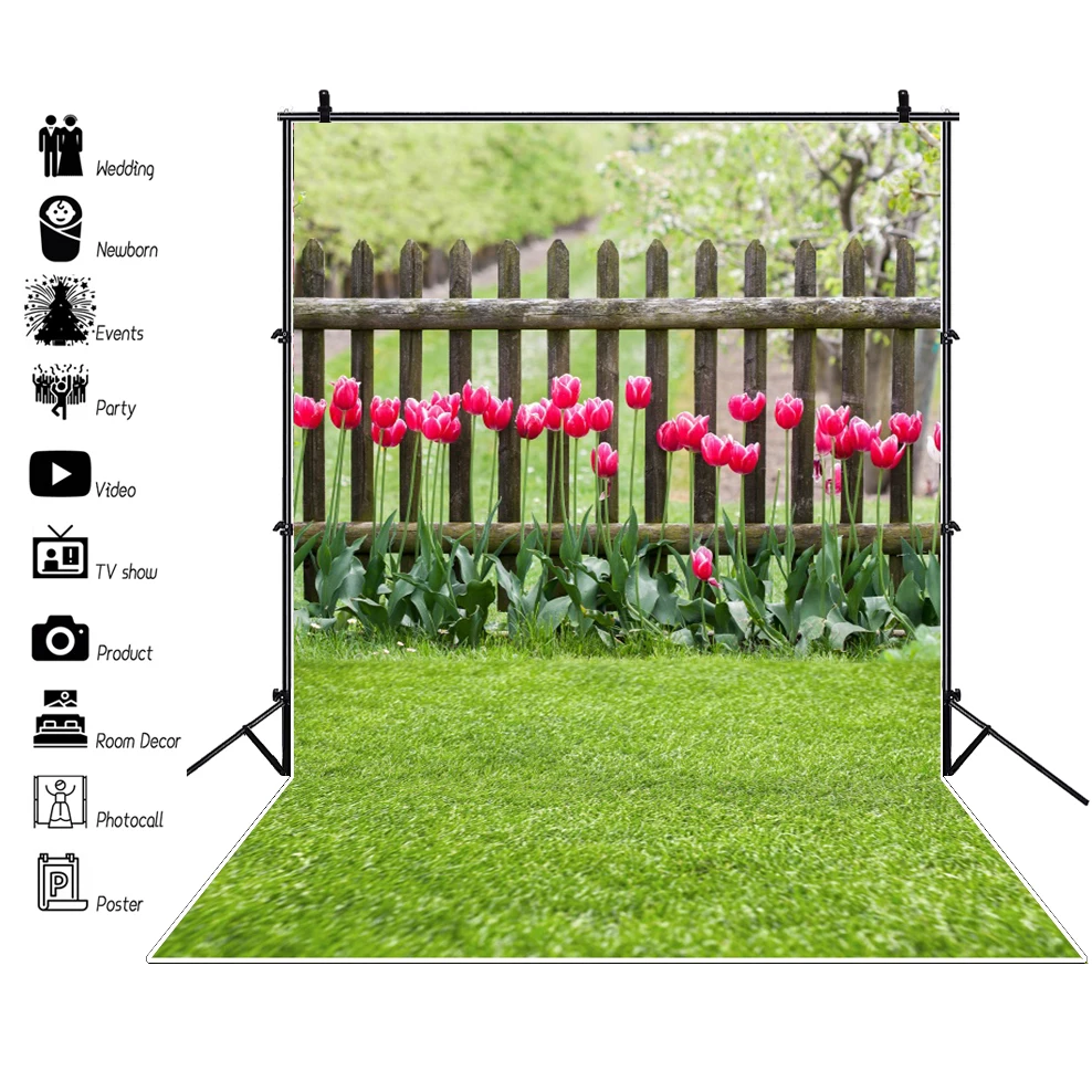 Laeacco 봄 정원 배경 사진 작가, 녹색 잔디 자연 울타리 꽃 사진 배경, 사진 스튜디오 소품