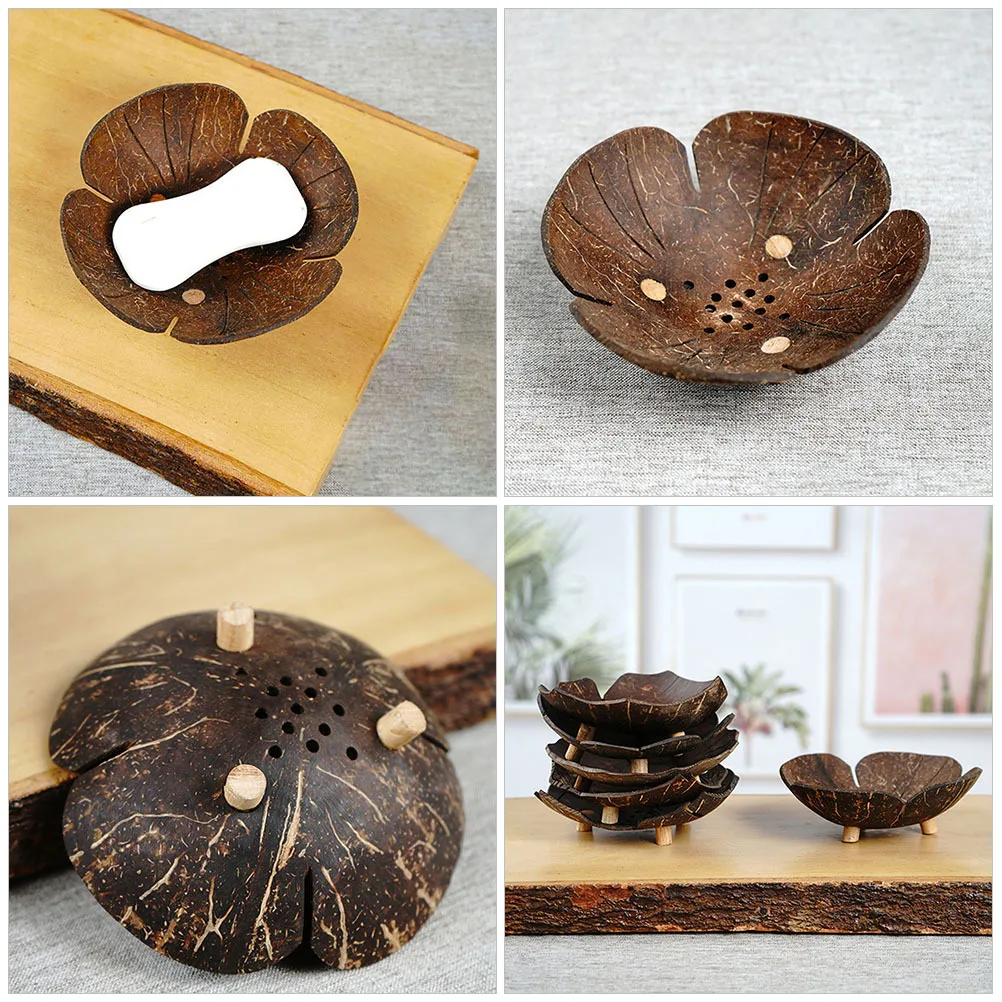 

Coconut Shell Soap Dish Practical Multi-Function Flower-Shaped Self-Draining Soap Tray Bathroom Countertop Holder Storage Box