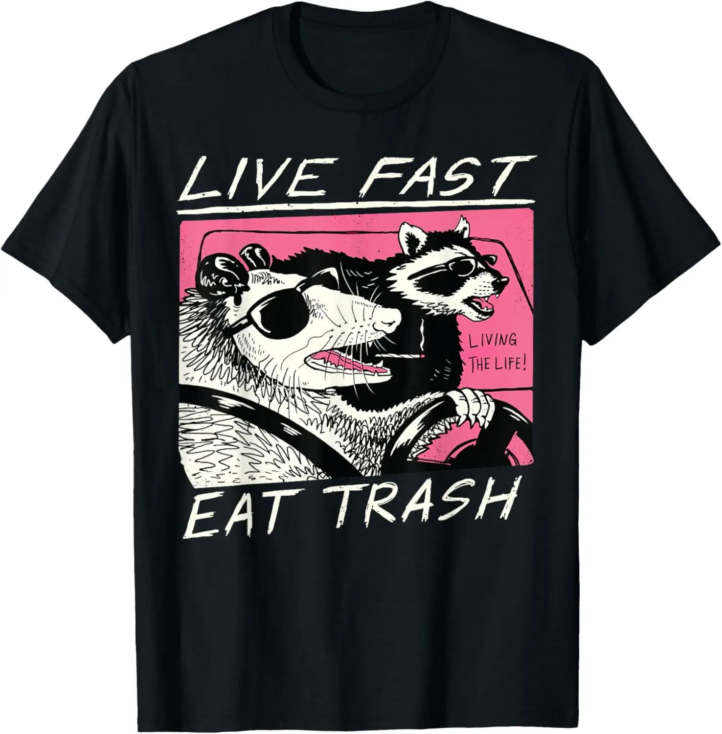 Live Fast, Eat Trash Funny Retro Raccoon Opossum T-Shirt