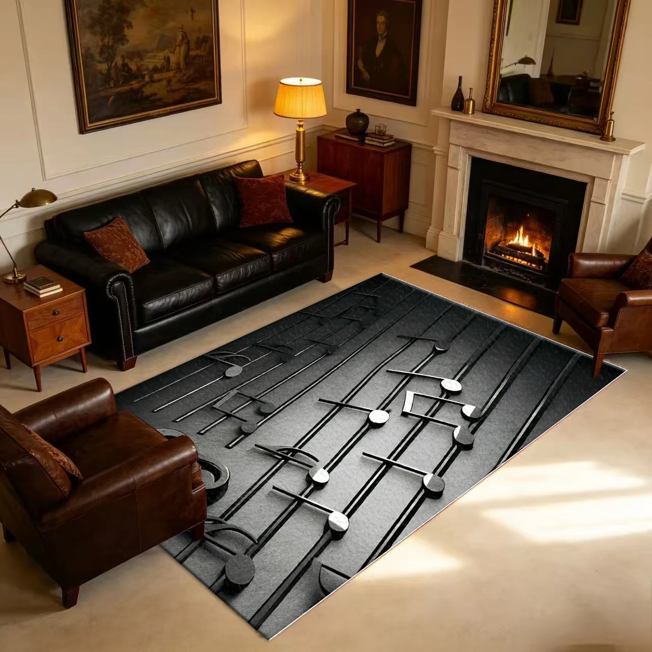 Black and White 3D Musical Note Treble Clef Carpet, Non-Slip Music-Themed Carpet Suitable for Bedroom, Studio, Living Room Home Decoration