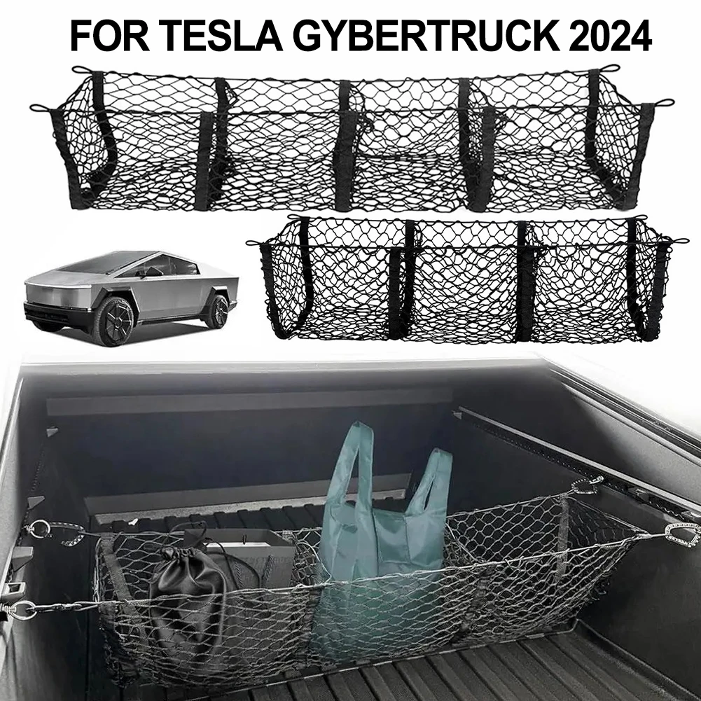 Red de carga de 3 bolsillos para maletero de coche, red de almacenamiento de malla, soporte para comestibles para cama, suministros para automóviles Tesla Cybertruck 2024