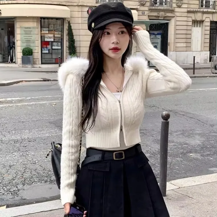 Korean Style Zip-up Cropped Sweater Cardigan Women Sweet New Casual Basic Slim-fit Feathers Hooded Knitted Jackets Autumn