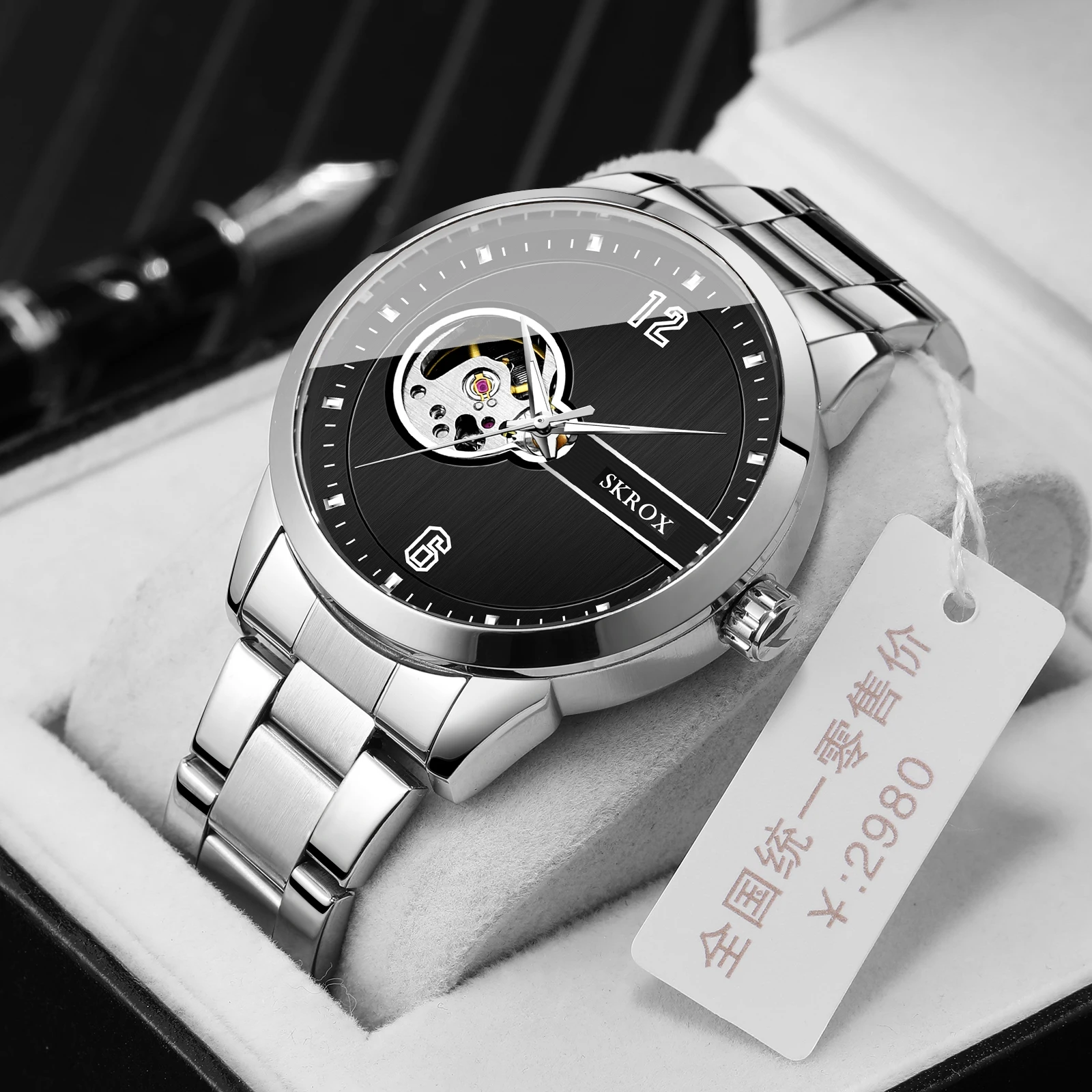 SKROX Original Top Brand Luxury Stainless Steel Skeleton Automatic Movement Male Watch for Men Mechanical Elegant Wrist Watches