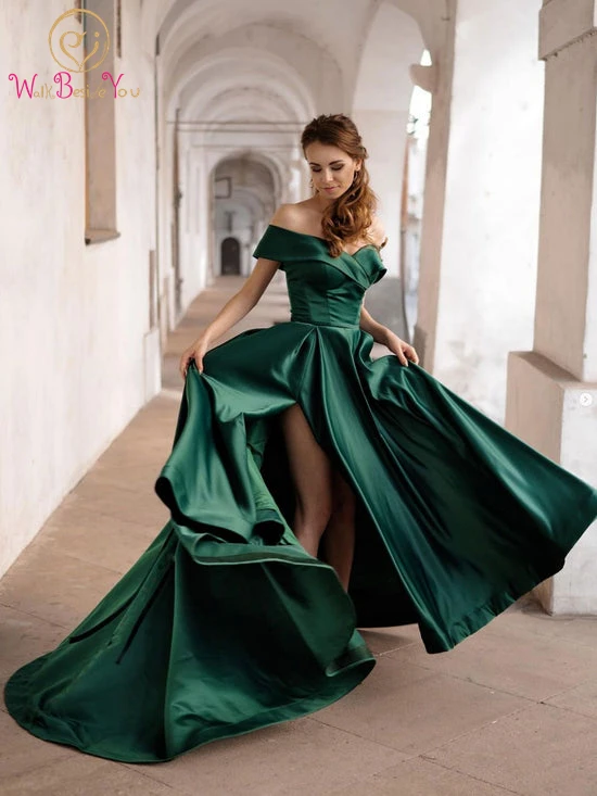 

Hunter Green Evening Dresses 2023 Long Satin Off Shoulder Sweetheart A Line Elegant Saimple High Split Prom Party Gowns Party