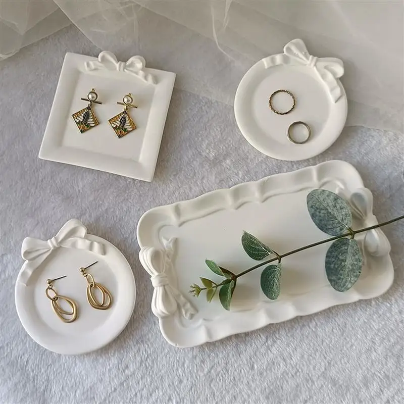 Bowknot Storage Tray Clay Silicone Molds Jewelry Display Pan Epoxy Resin Molds Rectangle Candle Cup Coaster Gypsum Plsater Mould