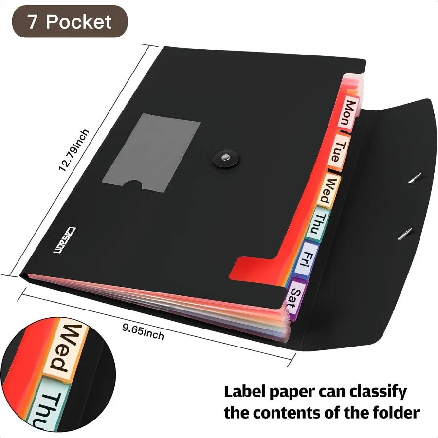 7 Pocket Accordian File Folders Expanding File Folder A4 Letter Size Paper Portable Document OrganizerBlack