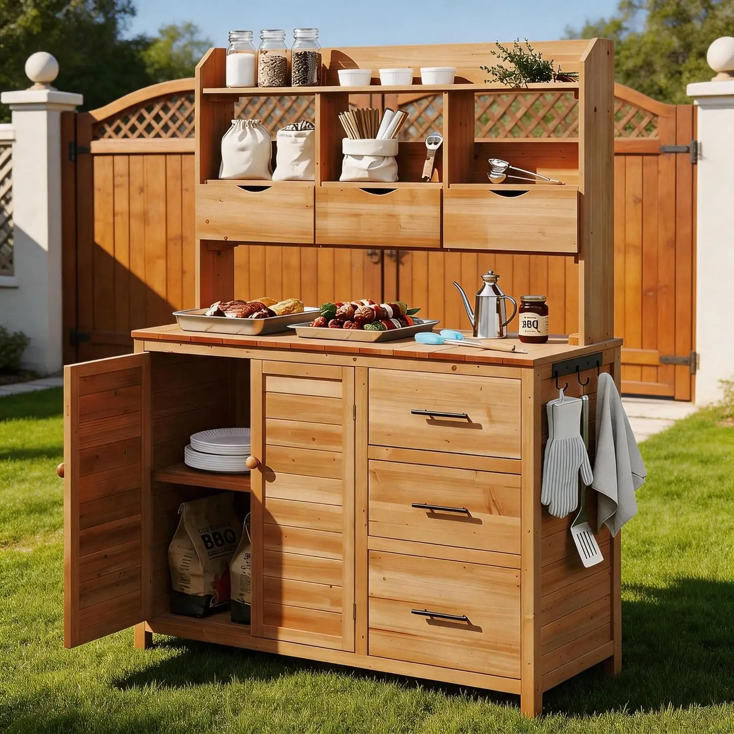65 Inch Garden Potting Bench with 6 Drawers, Natural, Customized