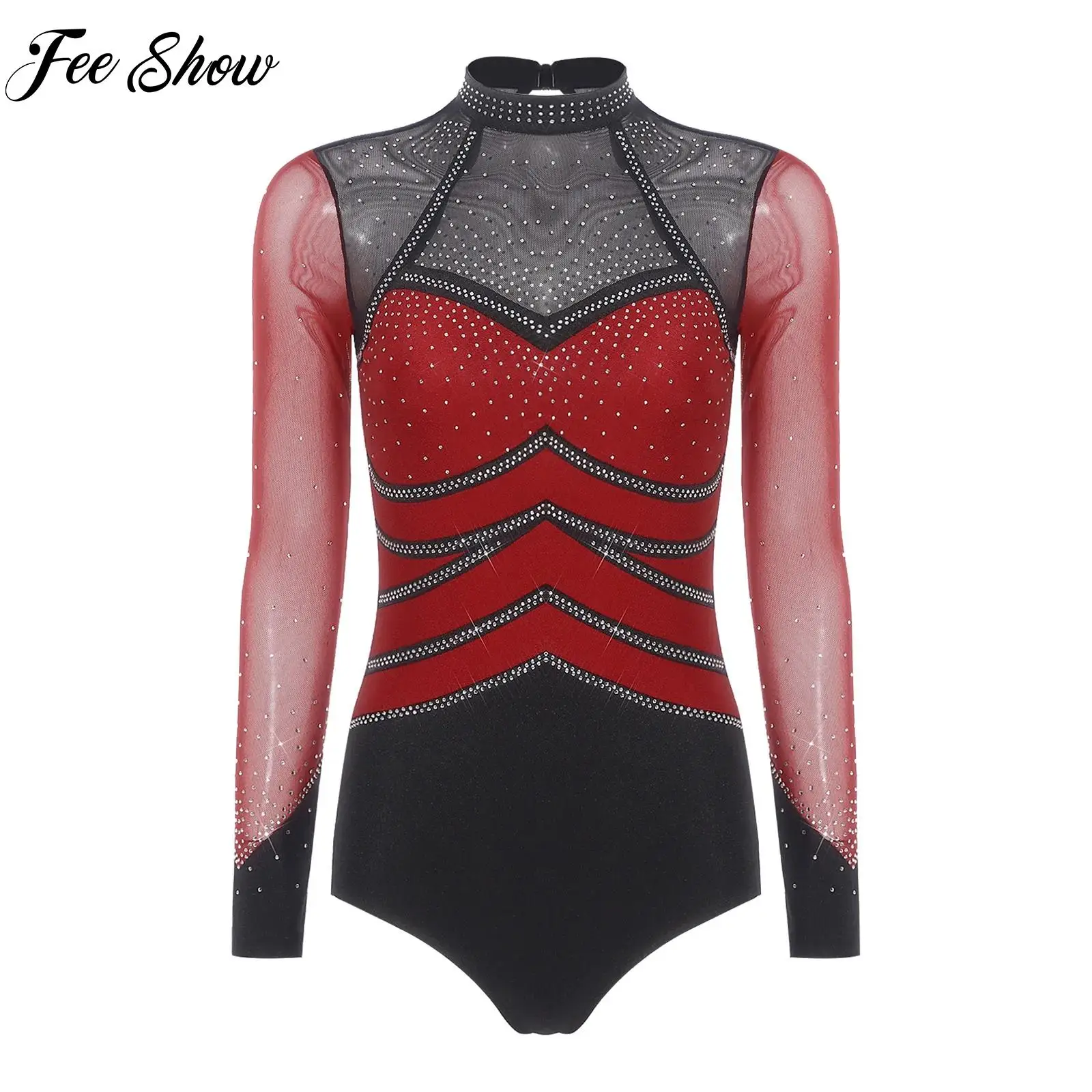

Rhythmic Gymnastic Leotards for Women Figure Ice Skating Dancewear Rhinestone Bodysuit Mesh Long Sleeve Leotard Rompers Jumpsuit