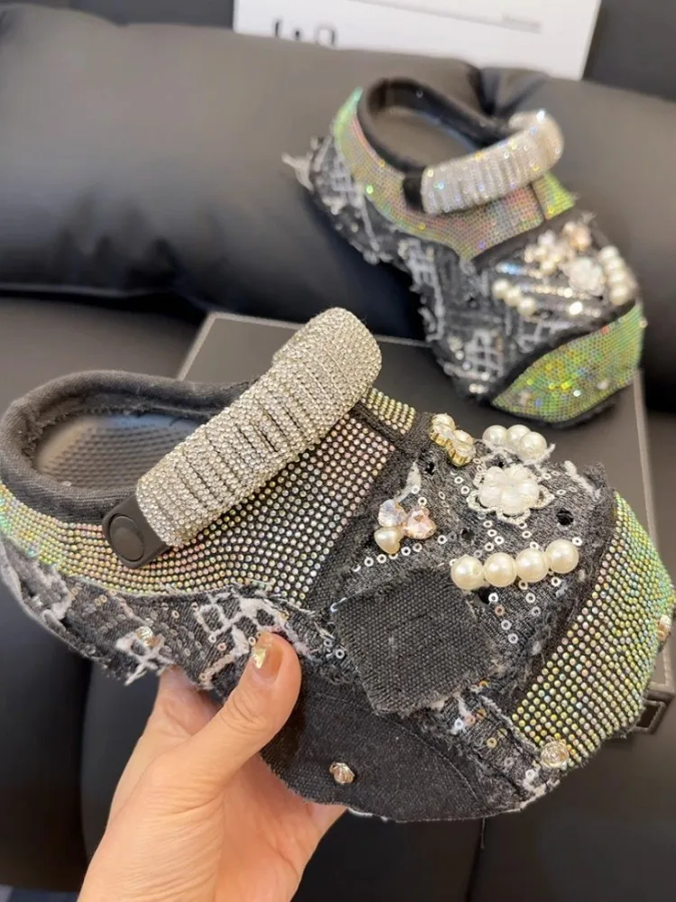 High Street Women Shiny Diamonds Thick Platform Slippers Spliced Denim Pearls Beads Close Toe Slides Casual Slip On Wedges Shoes